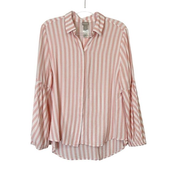Chicos Gauze Button Up Top Women’s Size 2 US Large Pink Stripe Beachy - Picture 1 of 9